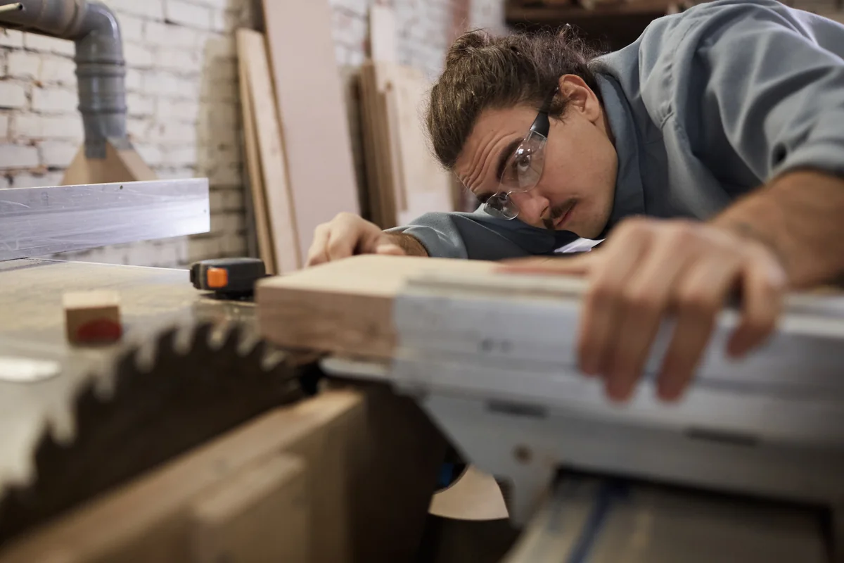 Menuisier concentré sur un travail de précision en atelier